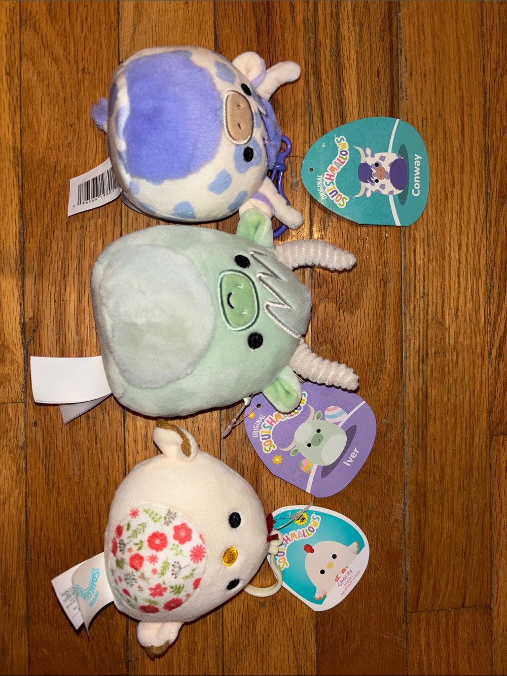 Squishmallows Trio - Purple & White Cow, Mint Green Bull, Cream Floral Chick
